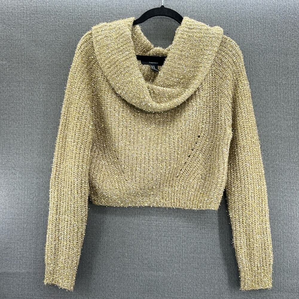Forever 21 Gold Silver Cropped Oversized Cowl Neck Tinsel Knit Sweater Size M